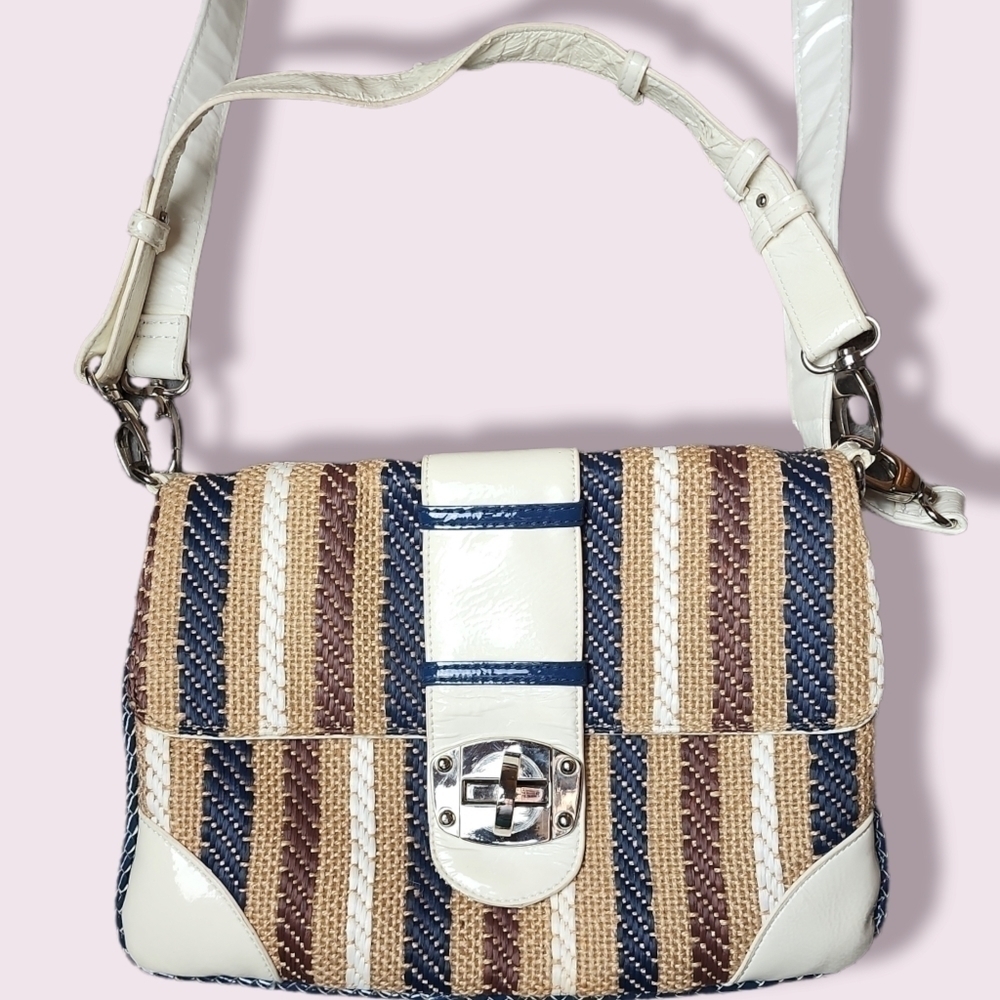 70s Canvas & Leather Turn Lock Satchel Crossbody Handbag Striped Neutral Boho - Picture 3 of 11